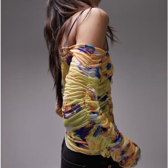 New TOPSHOP NORDSTROM Mesh Printed Long Sleeve Ruched Bardot Top Size 12 - Picture 3 of 9